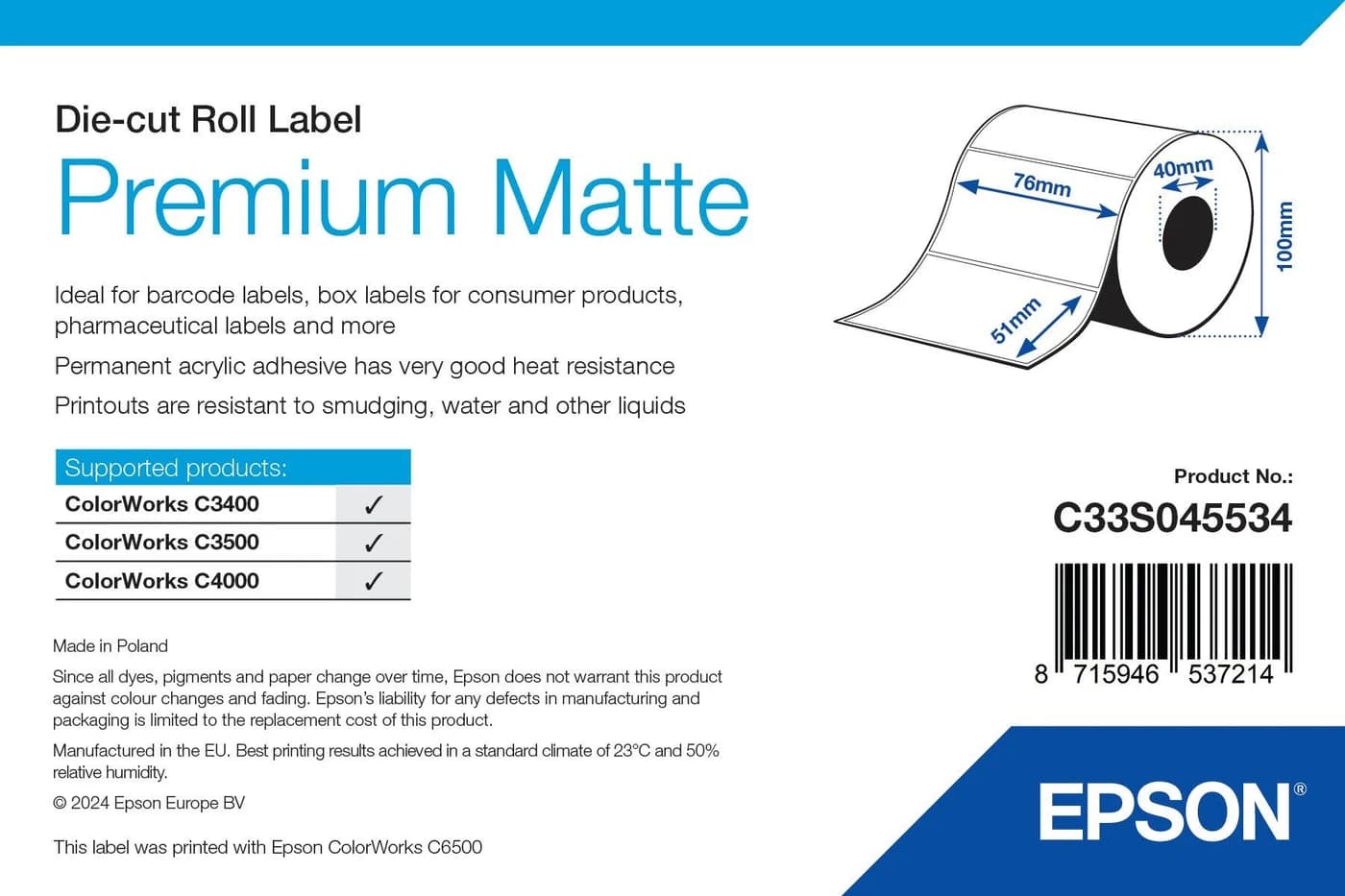 Epson Premium Matte Label 76 x 51 mm, 650 etichette