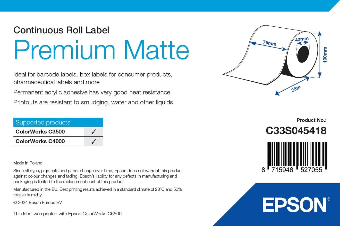 Epson Premium Matte Label rotolo continuo 76 mm x 35 m